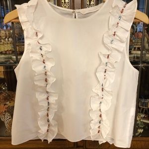 ZARA White Ruffle & Rhinestone Sleeveless Top M